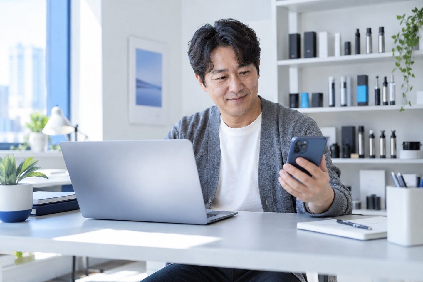 밝은 업무 공간에서 노트북을 사용하는 남성 — 온라인 PG결제 사람을 구하지 않아도, 결제는 열립니다.